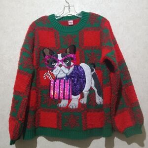 Festive Red and Green Sweater with Bulldog Design